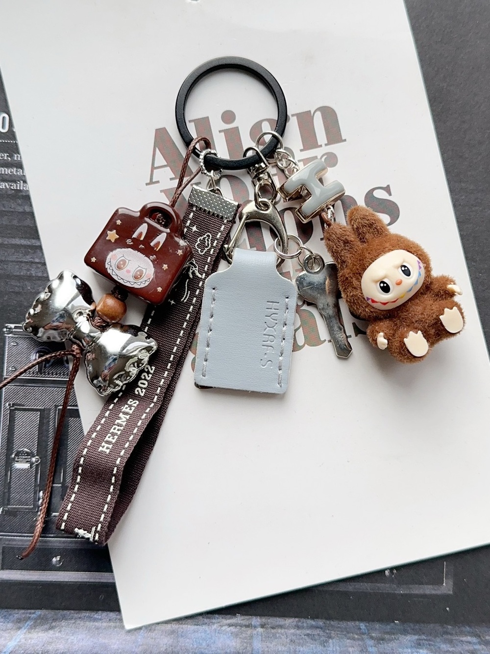Authentic H Brown Plush Labubu Bag Keychain Silver Charms